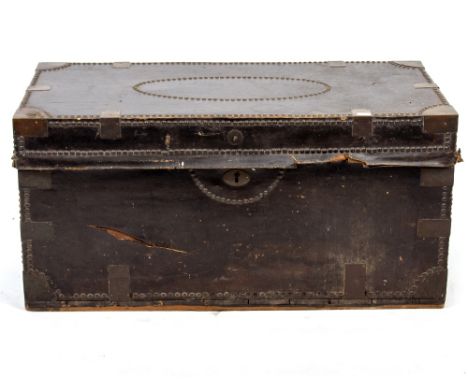 A 19TH CENTURY LEATHER BOUND BRASS STUDDED CAMPHOR WOOD TRAVELLING TRUNK 107.5cm wide x 55cm deep x 54cm high