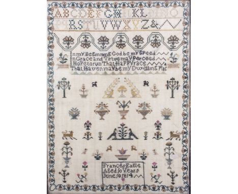 AN EARLY 19TH CENTURY SAMPLER DATED 1814 31cm x 44cm with two ornithological prints (3)