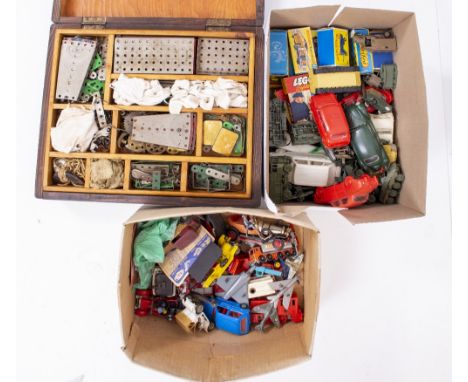 A PART SET OF VINTAGE MECCANO in a wooden box, vintage Lego bricks and a selection of Airfix and Matchbox car models and a cr