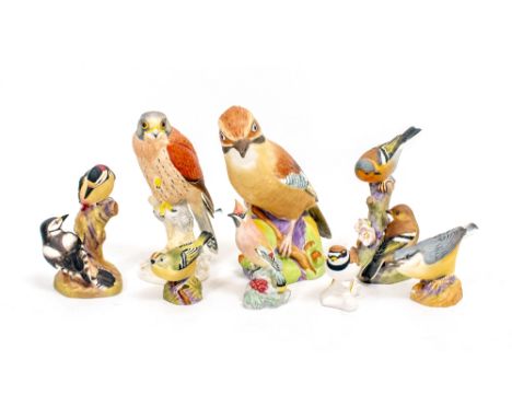 EIGHT ROYAL WORCESTER PORCELAIN BIRD FIGURINES to include Jay 3248, Kestrel modelled by James Alder, Pied Woodpeckers 3363, C
