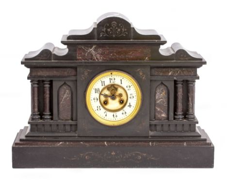 A BLACK SLATE AND MARBLE MANTLE CLOCK of architectural form, the enamelled dial with arabic numerals, overall 51cm wide x 16c