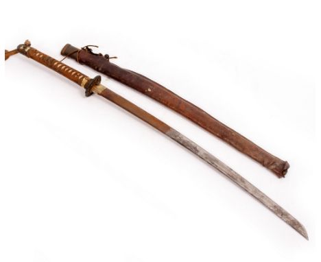 AN ANTIQUE JAPANESE KATANA with a cotton wrapped ray skin hilt, a stylised flowerhead tsuba, a 70cm blade and a leather bound