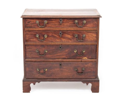 A GEORGE III CHEST OF FOUR LONG DRAWERS with Rococo style handles, and raised on bracket feet, 76cm wide x 44cm deep x 78cm h