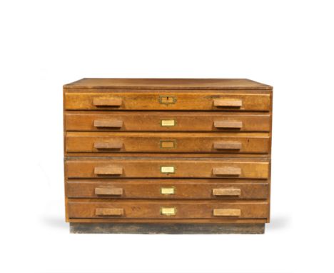 A VINTAGE LIGHT OAK MULTI-DRAWER PLAN CHEST fitted with six drawers, 114cm wide x 86cm high