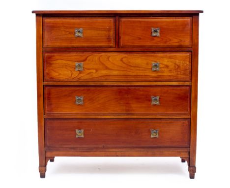 A CHERRYWOOD CHEST OF TWO SHORT AND THREE LONG DRAWERS standing on square feet by Charles Barr, 105cm wide x 46cm deep x 106c