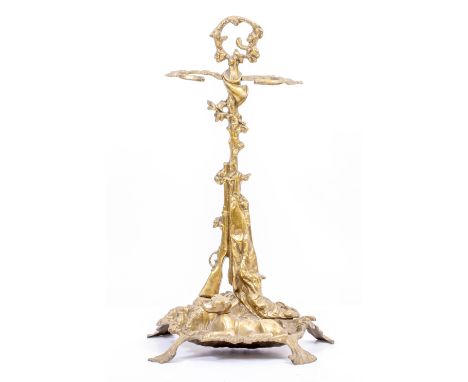 A 19TH CENTURY BRASS STICK STAND/UMBRELLA STAND with hunting theme, 56cm high