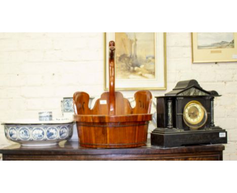 AN ORIENTAL HARDWOOD BASIN with a bird head back and wings and brass banding 59cm high, a Royal Doulton jug and other contain