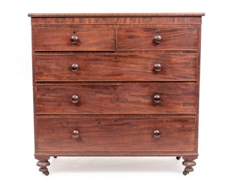 A 19TH CENTURY MAHOGANY CHEST OF TWO SHORT AND THREE LONG DRAWERS with turned knob handles and fluted bun feet, 121cm wide x 