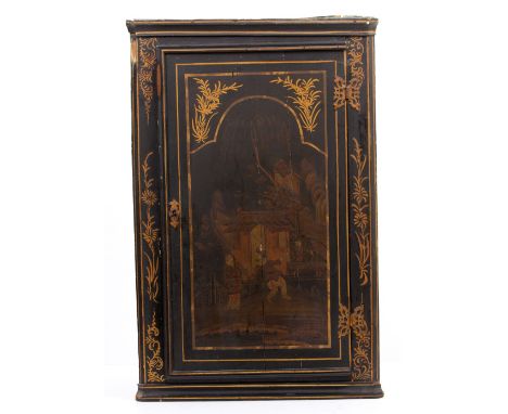 AN 18TH CENTURY AND LATER BLACK AND GOLD PAINTED JAPANESE CORNER CABINET the front panel decorated with a scene of three figu