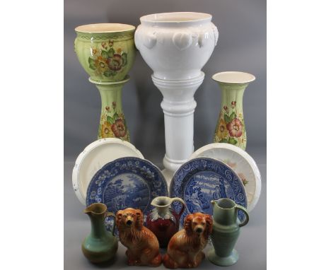 FLAXMAN WARE POTTERY JUG, 19cms tall, another similar, a pair of Staffordshire dogs, jardinieres and planters, a pair of Spod