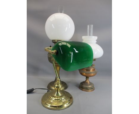 LIGHTING - reproduction desk lamp with green shade and two old oil lamps