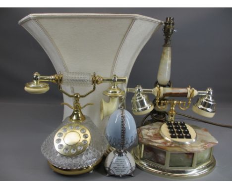 ORNAMENTAL TELEPHONES, onyx and brass table lamp and a 'Heirloom porcelain music egg collection' model