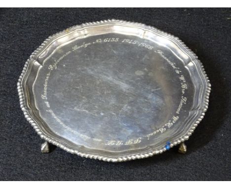 SILVER MASONIC PRESENTATION CALLING CARD TRAY - London 1964, maker Wakely &amp; Wheeler, 12.5ozt, inscription reads 'Presente