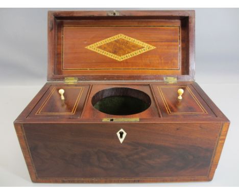EARLY 19TH CENTURY MAHOGANY CROSSBANDED TEA CADDY with fitted interior and inlay to lid 