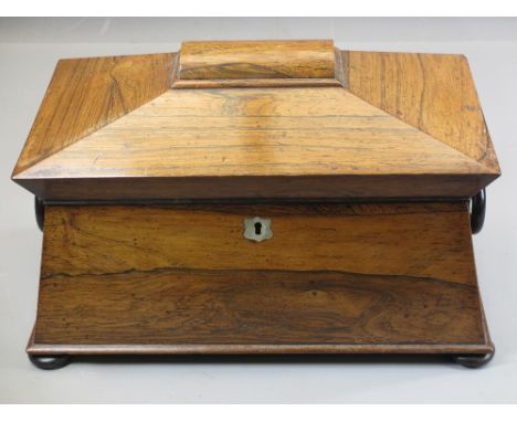SARCOPHAGUS TEA CADDY - antique walnut with mother of pearl escutcheon on bun feet, 35cms H, 23cms W, 20cms D