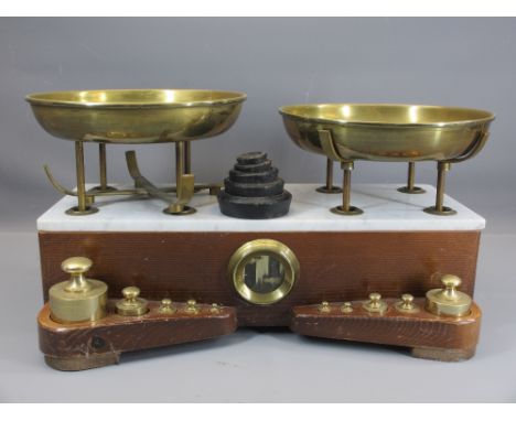 VINTAGE SHOPKEEPER'S SCALES with brass trays and weights and a marble top surface