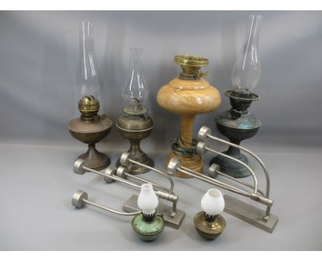 VINTAGE OIL LAMPS, modern white metal wall mount candle sconces and a turned wooden electric lamp with vintage oil lamp cage