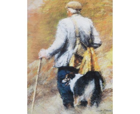 KEITH BOWEN limited edition print 1992, 273/850 - a farmer with a dog, signed in pencil, 38 x 29cms
