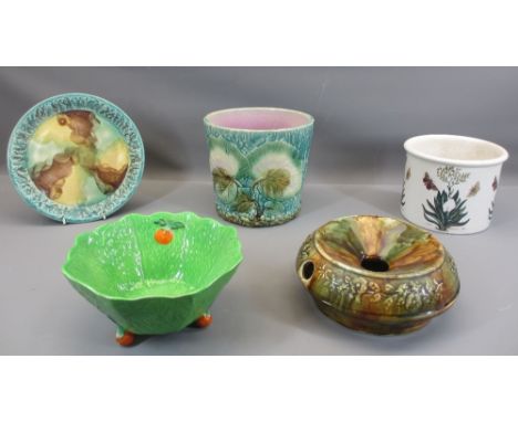 MAJOLICA TYPE PLANTER &amp; PLATE, Portmeirion planter, Beswick Greenleaf dish and an old spittoon