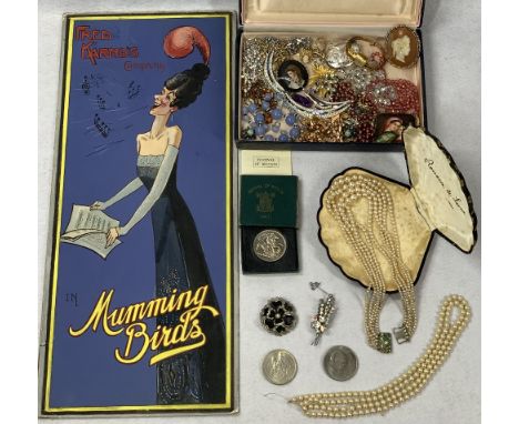 COSTUME JEWELLERY &amp; COLLECTABLES - a mixed group to include an original art card for Fred Karno's Company in Mumming Bird