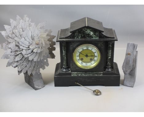 SLATE MANTEL CLOCK - with marble front, brass bezel and Roman numerals on a painted and brass dial, 30cms H, 30cms W, 12cms D