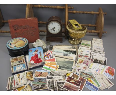MISCELLANEOUS COLLECTABLES including minerals, cigarette cards, continental postcards. Also, a corner whatnot, mantel clock, 