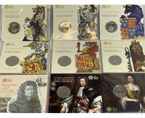 THE ROYAL MINT - The Queen's Beasts and others, uncirculated coins 2 x 2017, 2 x 2018, 2 x 2019, from the Queen's Beasts Seri