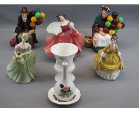 ROYAL DOULTON FIGURINES - The Balloon Man HN1954, The Balloon Seller HN1315, Coralie HN2307, First Waltz HN2862 and Clarissa 