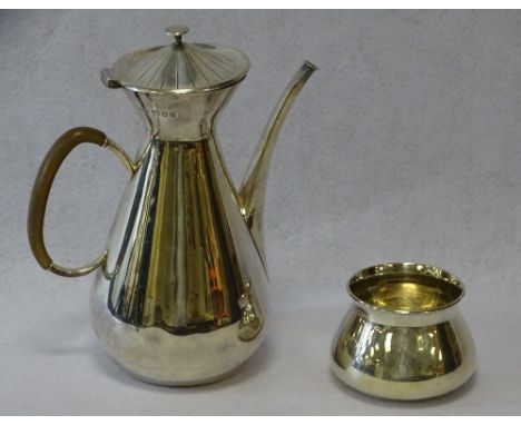 SILVER ASPREY &amp; CO LONDON ULTRA STYLISH COFFEE POT &amp; SUGAR BASIN, London 1957, 27.2ozt gross, 22.5cms H and 6.5cms H,