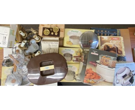 KITCHEN AND HOUSEHOLD- mid century type "Insulex tray box", boxed (appear as new) "Prestige" pans, Kenwood accessories, brass