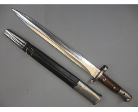 CHAPMAN SHEFFIELD 1903 DOUBLE EDGED BAYONET in metal mounted leather scabbard, the 12in blade stamped 'Chapmans Sheffield' wi