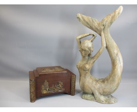 CHINESE ART DECO STYLE TEA CADDY TYPE BOX together with a Thai style carving of a mermaid