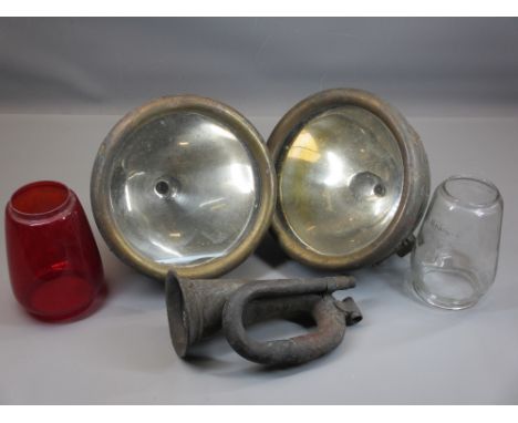 VINTAGE SPOTLIGHTS - metal based, a pair, 26cms diameter, an old bugle, ETC