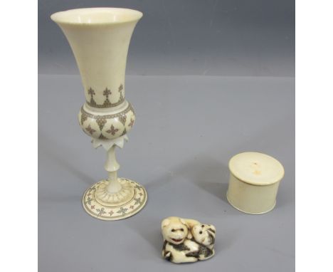 LATE 19TH CENTURY JAPANESE &amp; OTHER CARVED IVORY - 3 items to include a stained netsuke of two puppies cuddled, a cylindri