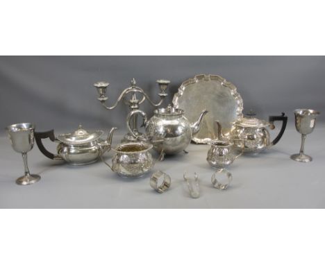 EPNS EMBOSSED THREE PIECE TEA SERVICE, bullet shaped teapot, EPNS calling card tray and other plated ware