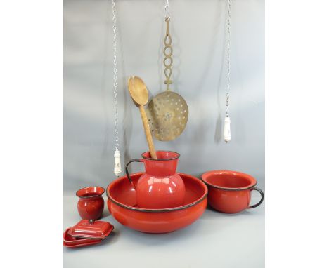 ENAMEL WASH BASIN JUG SET to include chamber pot, ETC.  Also, two old water closet pulls, an old brass skillet and old wooden