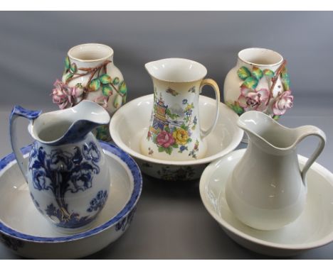 VICTORIAN JUG &amp; BASIN SETS, a pair of Majolica type vases, 31cms tall, ETC