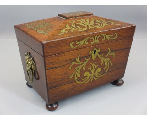 19TH CENTURY BRASS INLAID ROSEWOOD TEA CADDY having twin interior lidded compartments, the lids with ivory knops, side carry 