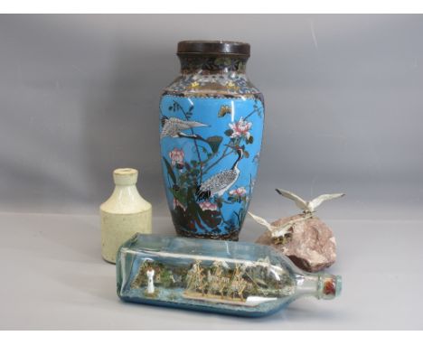 CLOISONNE VASE - 31cms tall plus a wooden lamp fitting, ornamental ship in a bottle, mineral ornament of gulls on a rock and 