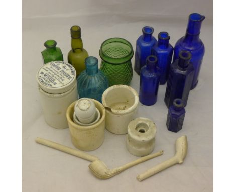 A quantity of poison bottles, a 19th century French petroleum lamp, etc.