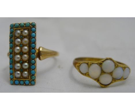 An unmarked gold seed pearl and turquoise ring, size L/M (3.6 grammes all in); and another opal mounted ring, size K (1.5 gra