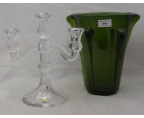 A green Murano glass Art vase and a candelabra