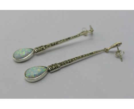 A pair of opal and marcasite drop earrings