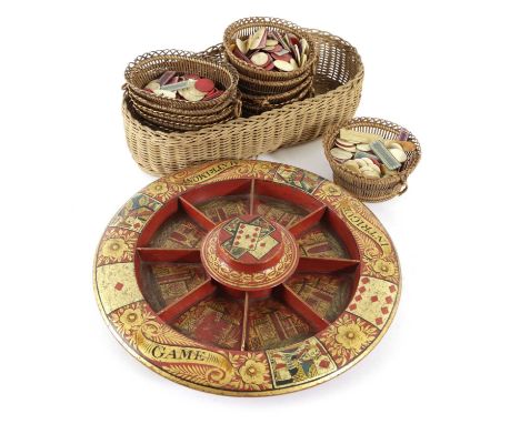 A LATE REGENCY RED JAPANNED POPE JOAN BOARDEARLY 19TH CENTURYrichly decorated in gilt with chinoiserie, flowers and playing c