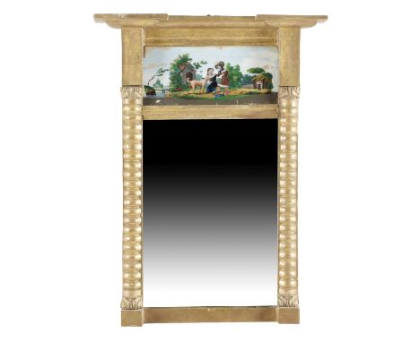 A REGENCY GILTWOOD AND GESSO PIER MIRROREARLY 19TH CENTURYthe rectangular plate flanked by columns and with a verre églomisé 