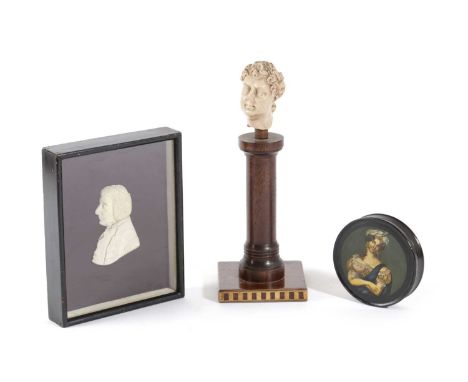 A REGENCY WAX PORTRAIT BUST OF GEORGE IVEARLY 19TH CENTURYmounted on an associated mahogany column; together with a portrait 