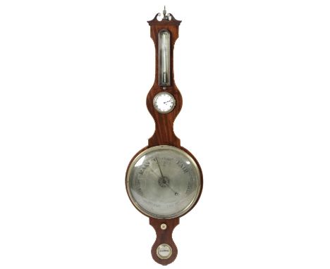 A REGENCY MAHOGANY WHEEL BAROMETERBY DIXEY, LONDON, EARLY 19TH CENTURYwith a 12 inch silvered dial, an arched thermometer com