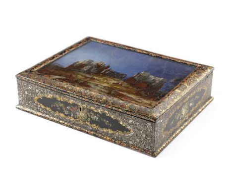 AN EARLY VICTORIAN PAPIER-MÂCHÉ WRITING BOXC.1850polychrome decorated with scrolls and flowers and inlaid with mother of pear