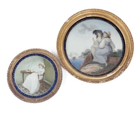 A CHINESE EXPORT REVERSE GLASS 'EUROPEAN SUBJECT' PAINTING LATE 18TH / EARLY 19TH CENTURYcircular, depicting two ladies sat o