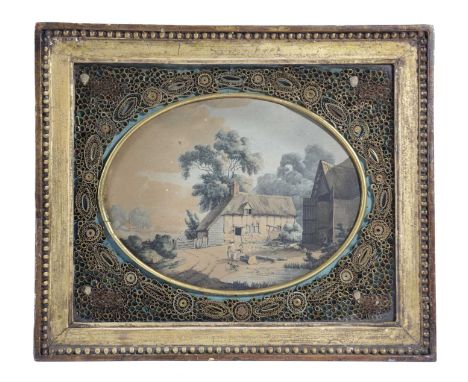 A LATE GEORGE III HAND-COLOURED ETCHING AND SCROLLED PAPER PICTUREC.1800depicting a farmyard scene with children within a pol